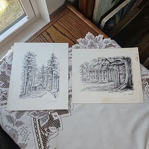 Vtg Set of 2 art sketch prints R Adair 69' The North, The South unframed USA